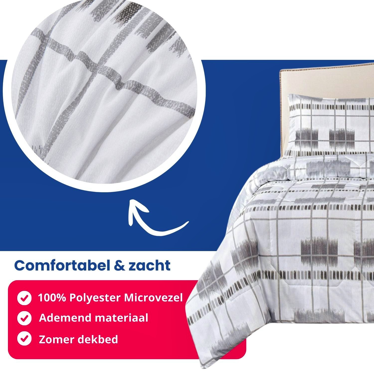 Close-up van de ademende microvezel stof van het Gloria dekbed in grijs wit met lijnenpatroon