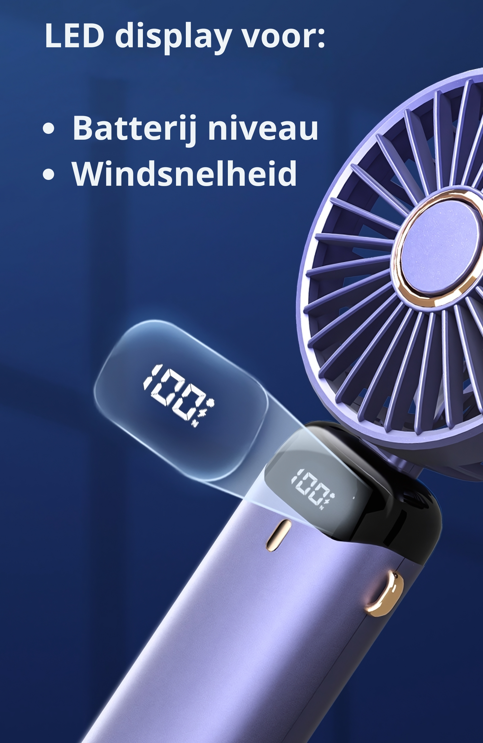 Handventilator met Led display voor batterij niveau en windsnelheid