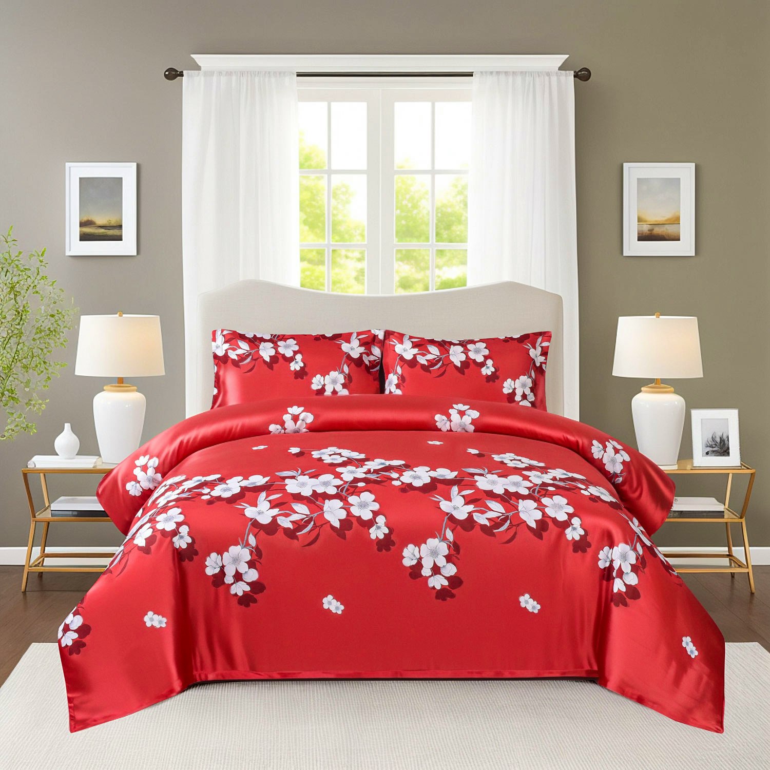 dekbedovertrek rood met witte bloemen - met rits